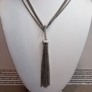 Estate Silver Tone Triple Chain Tassel Necklace 22" Long